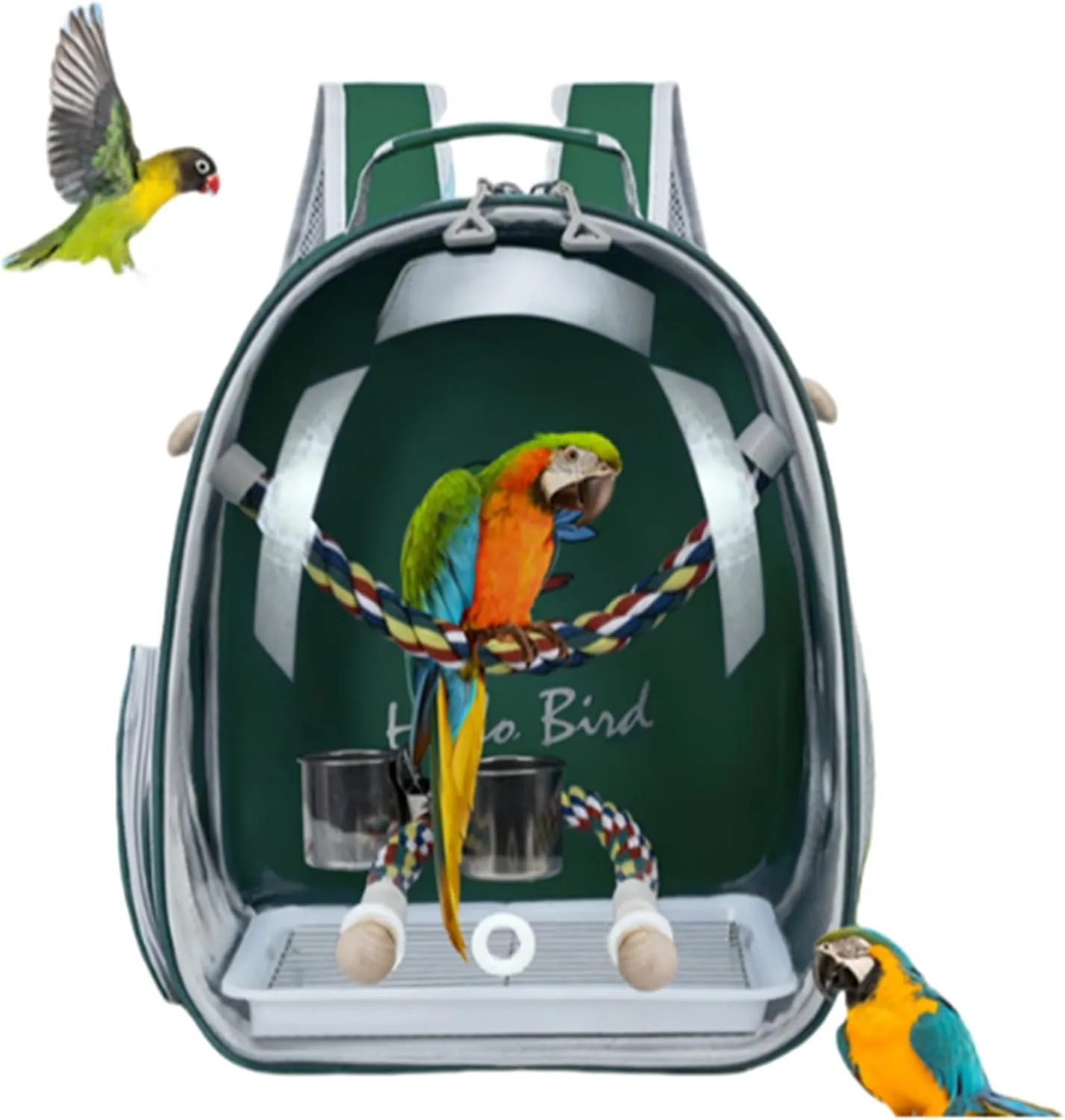 Bird Traval Carrier Cage, Multi Vent Holes Clear Space Capsule Astronaut Backpack to Carry Parakeet Cockatiel Parrot with Metal Tray Wood Perch, Vet Transport Book Bag (Green)