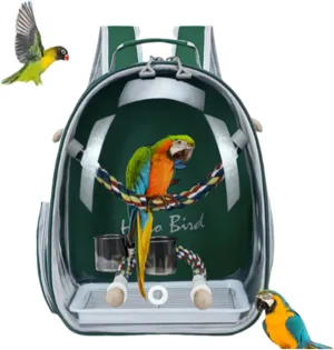 Bird Traval Carrier Cage, Multi Vent Holes Clear Space Capsule Astronaut Backpack to Carry Parakeet Cockatiel Parrot with Metal Tray Wood Perch, Vet Transport Book Bag (Green)