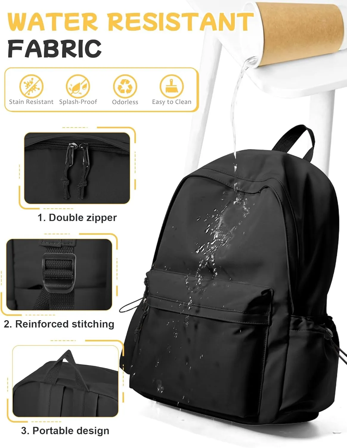 Black Backpack for School Women Girls, Waterproof Bookbag Cute High School Backpack for Men Teen Boys, Lightweight Travel College Back Pack Mochilas Escolares para Casual Daypack Rucksack