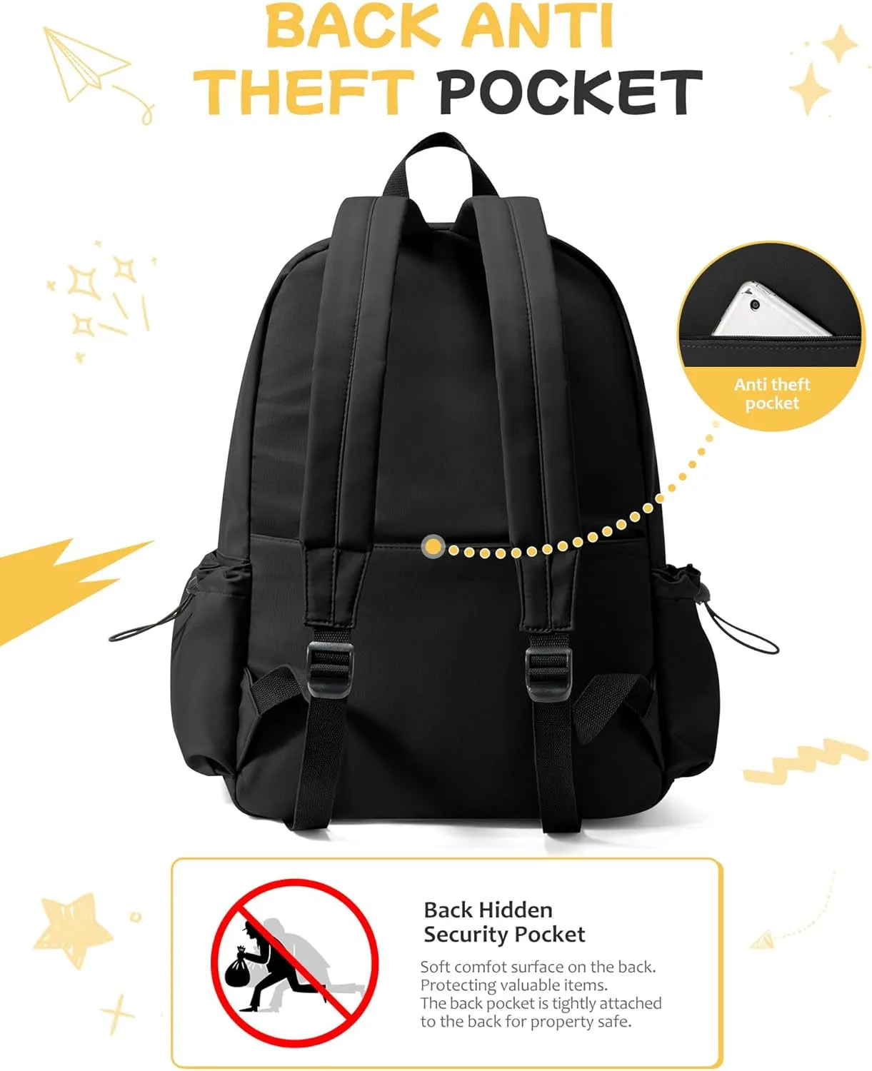 Black Backpack for School Women Girls, Waterproof Bookbag Cute High School Backpack for Men Teen Boys, Lightweight Travel College Back Pack Mochilas Escolares para Casual Daypack Rucksack