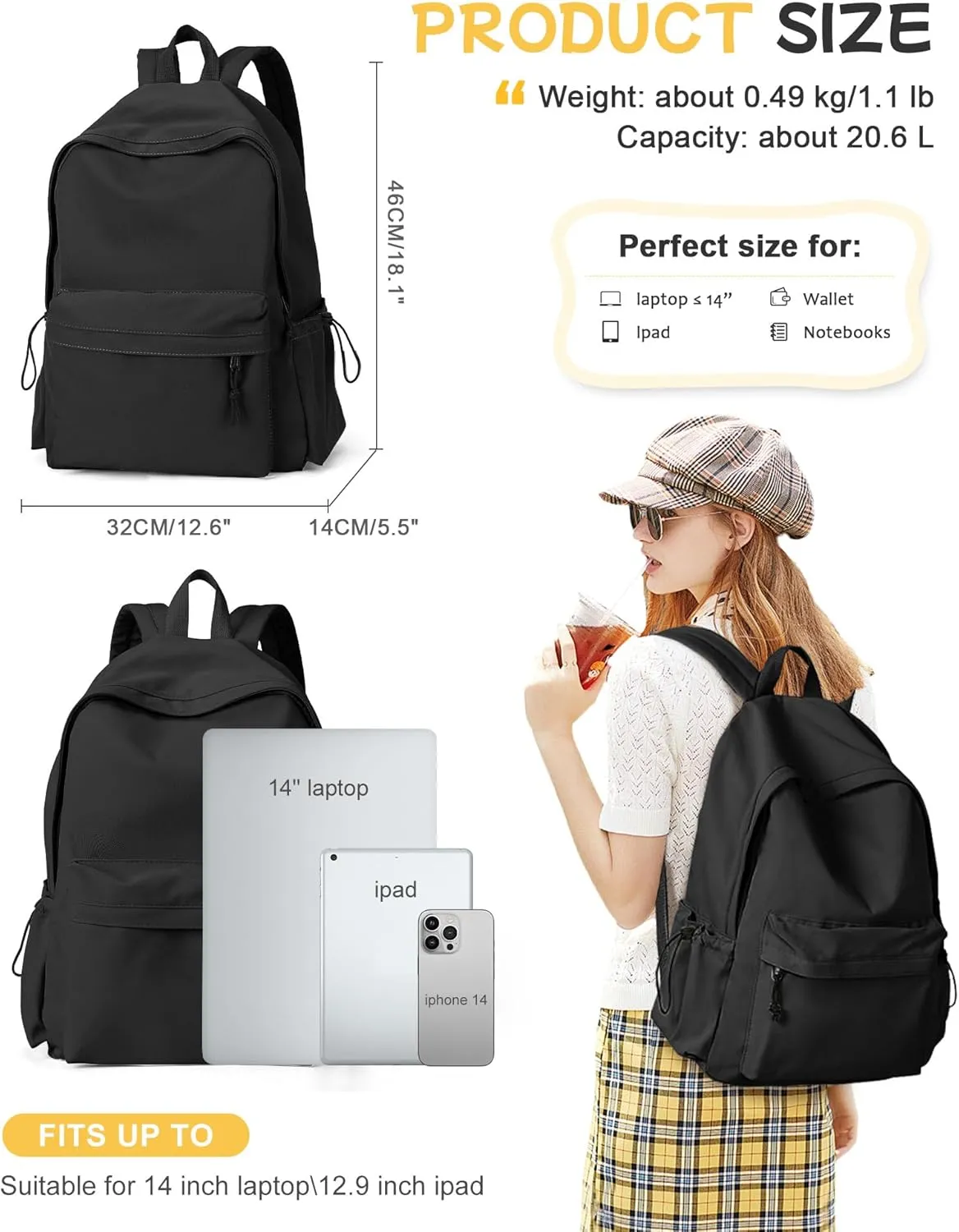 Black Backpack for School Women Girls, Waterproof Bookbag Cute High School Backpack for Men Teen Boys, Lightweight Travel College Back Pack Mochilas Escolares para Casual Daypack Rucksack