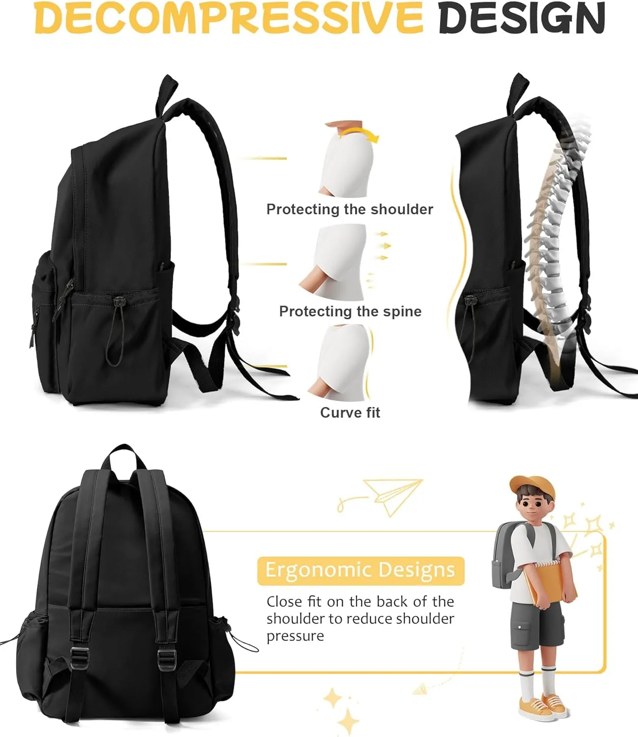 Black Backpack for School Women Girls, Waterproof Bookbag Cute High School Backpack for Men Teen Boys, Lightweight Travel College Back Pack Mochilas Escolares para Casual Daypack Rucksack