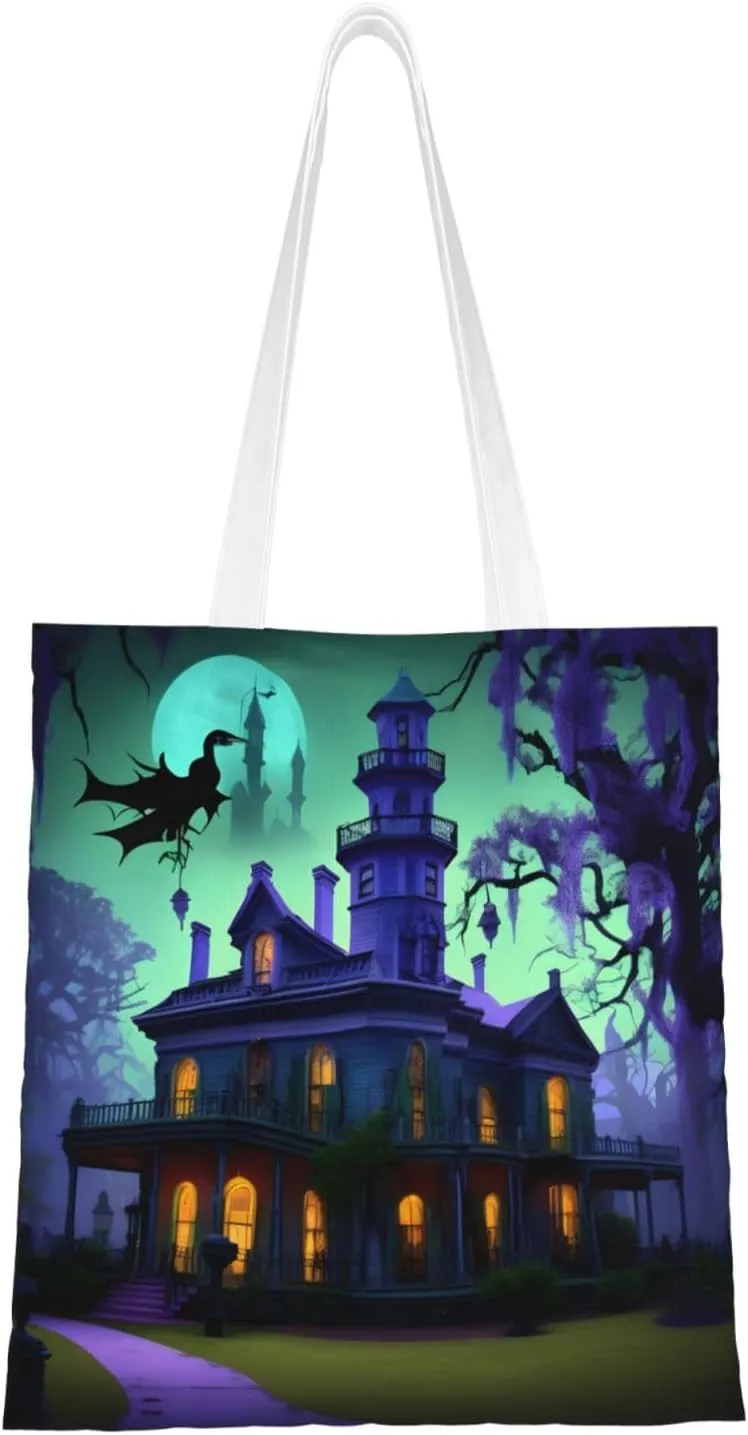 Black Haunted Mansion print Canvas Tote Bag for Women,Womens Purse Handbags for Travel Beach Nurse College Gift