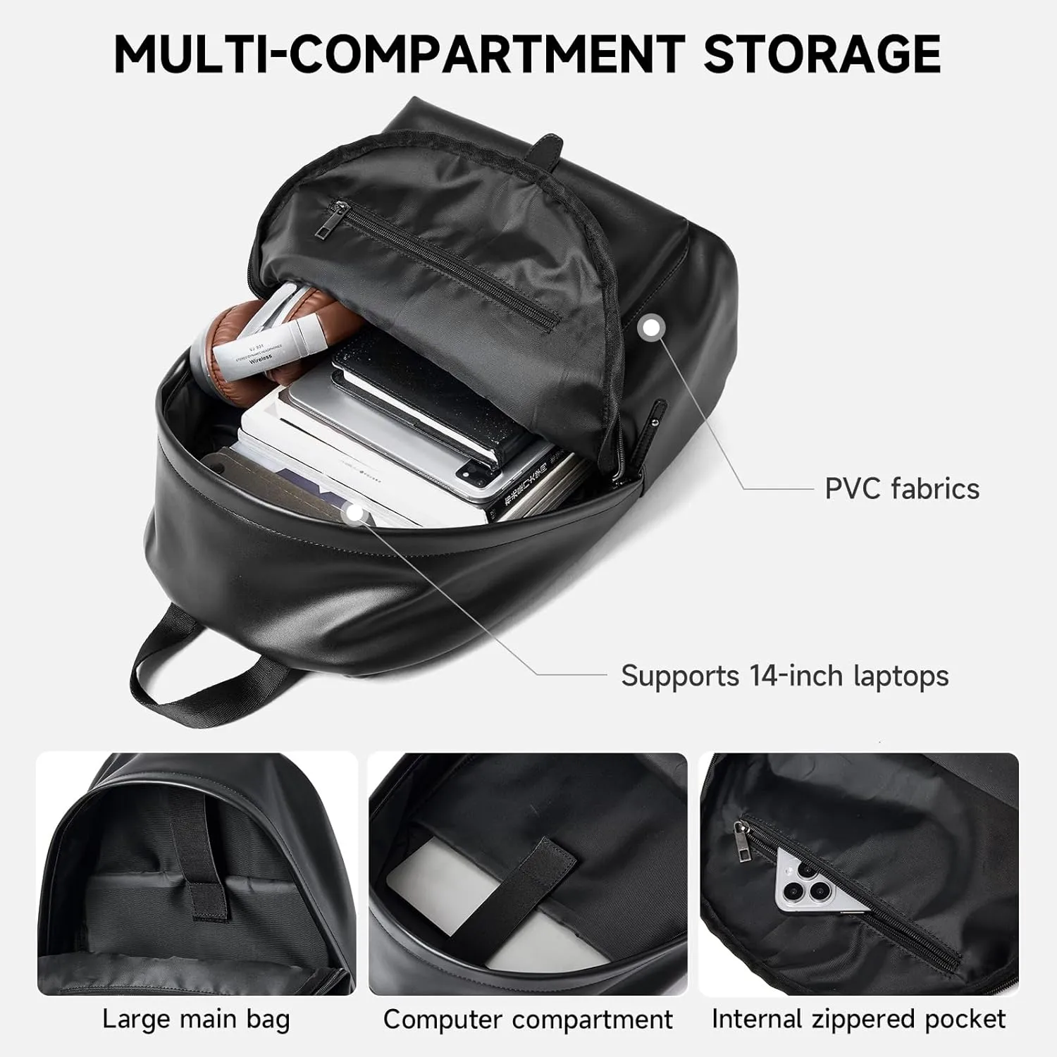 Black Leather Backpack For Men Waterproof Carry On BackPack Large Rucksack Fit 16-inch Laptop Hiking Daypack Travel Sport College Backpack