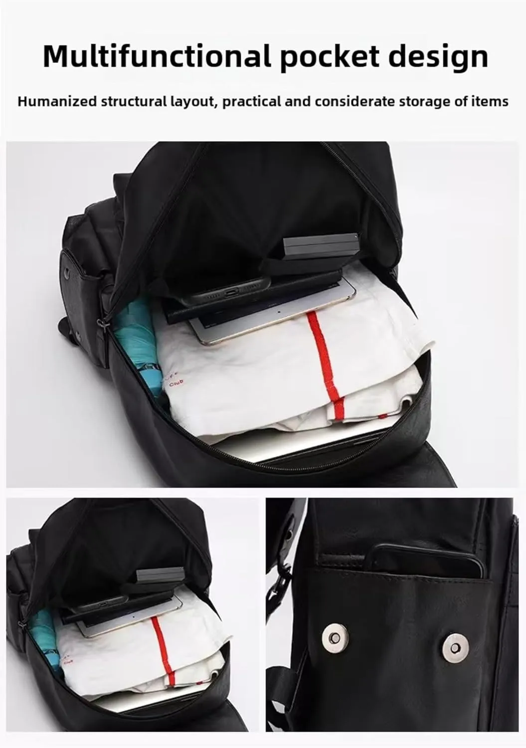 Black Leather Laptop Backpack Lightweight School Backpack Bookbag, Multi functional Business Travel Backpack (Black 1,ONE SIZE)