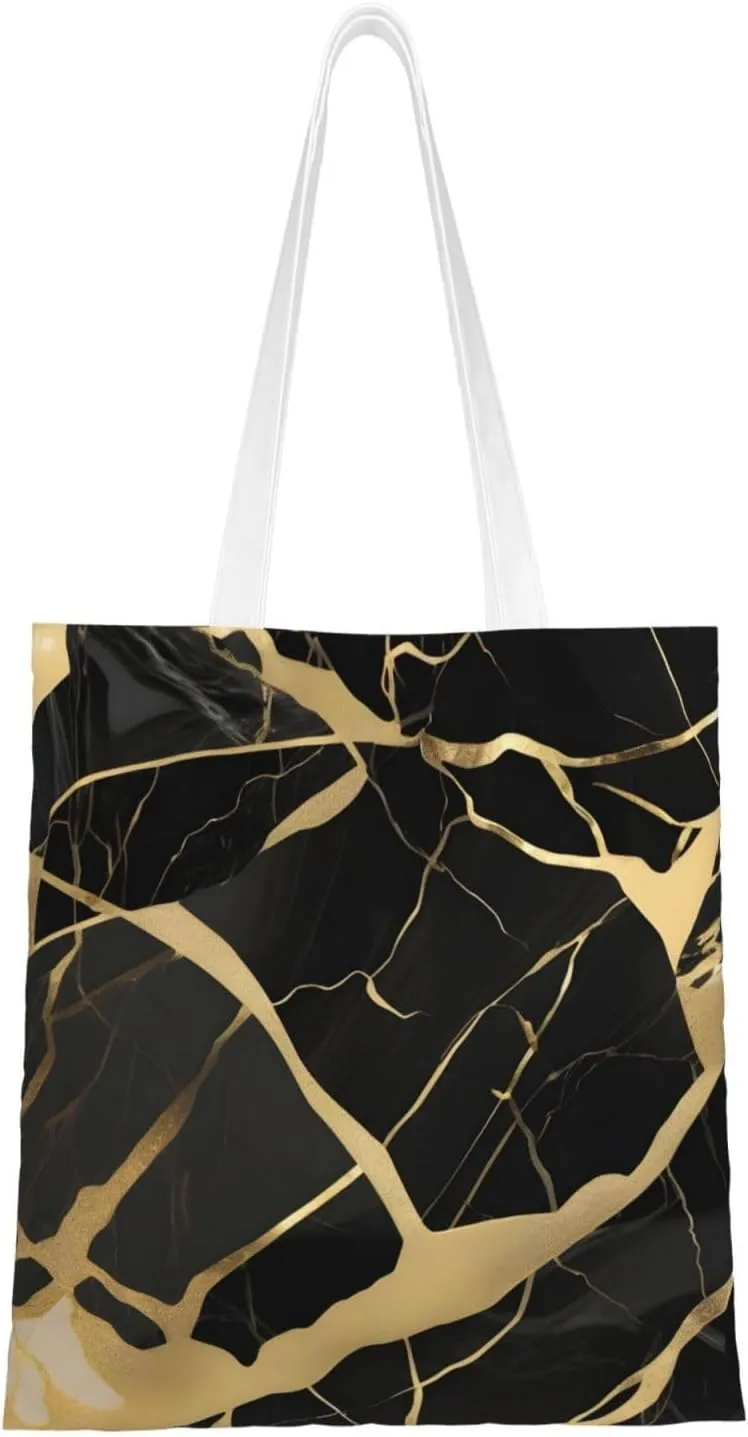 Black Marble Texture Gold Print Canvas Tote Bag Reusable Shoulder Shopping Bags For Daily Use Shopping Travel