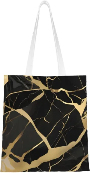 Black Marble Texture Gold Print Canvas Tote Bag Reusable Shoulder Shopping Bags For Daily Use Shopping Travel