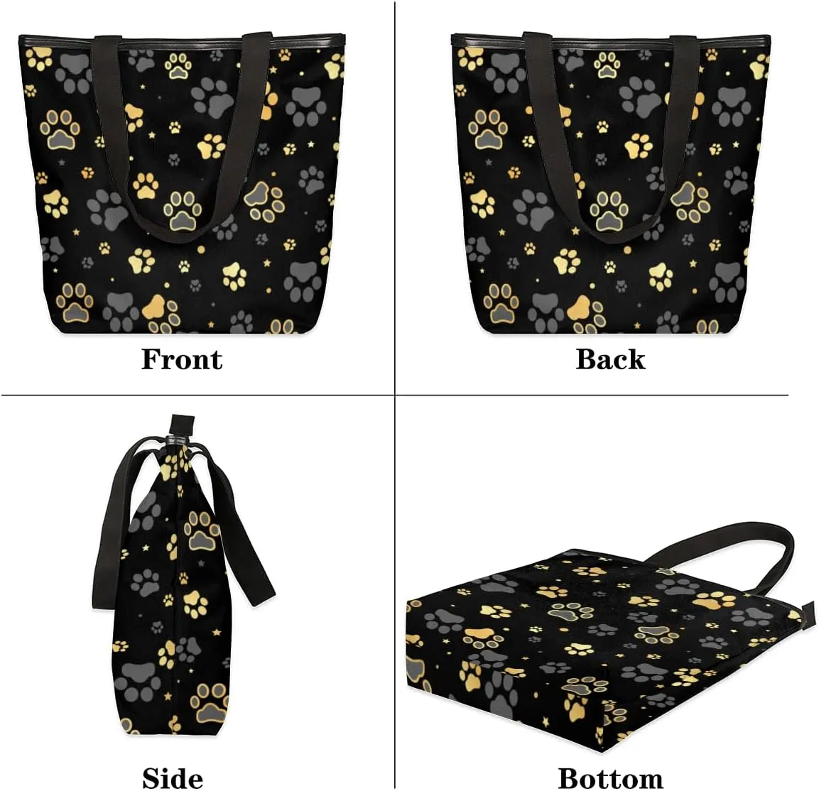 Black Paw Printed Canvas Tote Bag, Eco Friendly Cute Reusable Grocery Shopping Bags Beach Bag Book Tote Handbags Washable Shoulder Bags With Zipper Inner Pocket for Women Girls