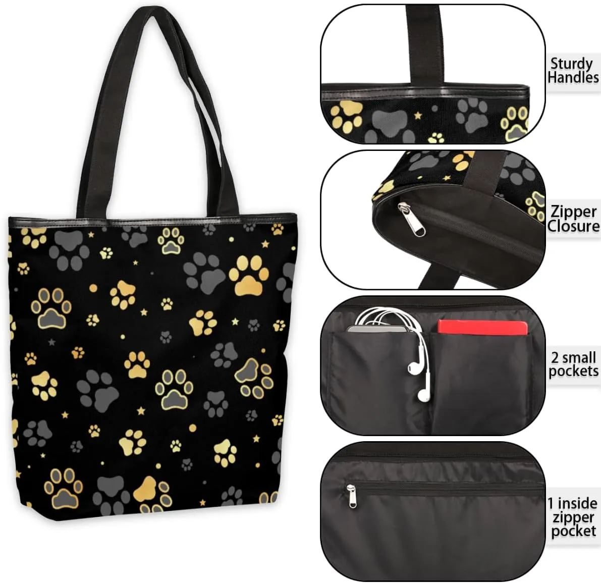 Black Paw Printed Canvas Tote Bag, Eco Friendly Cute Reusable Grocery Shopping Bags Beach Bag Book Tote Handbags Washable Shoulder Bags With Zipper Inner Pocket for Women Girls