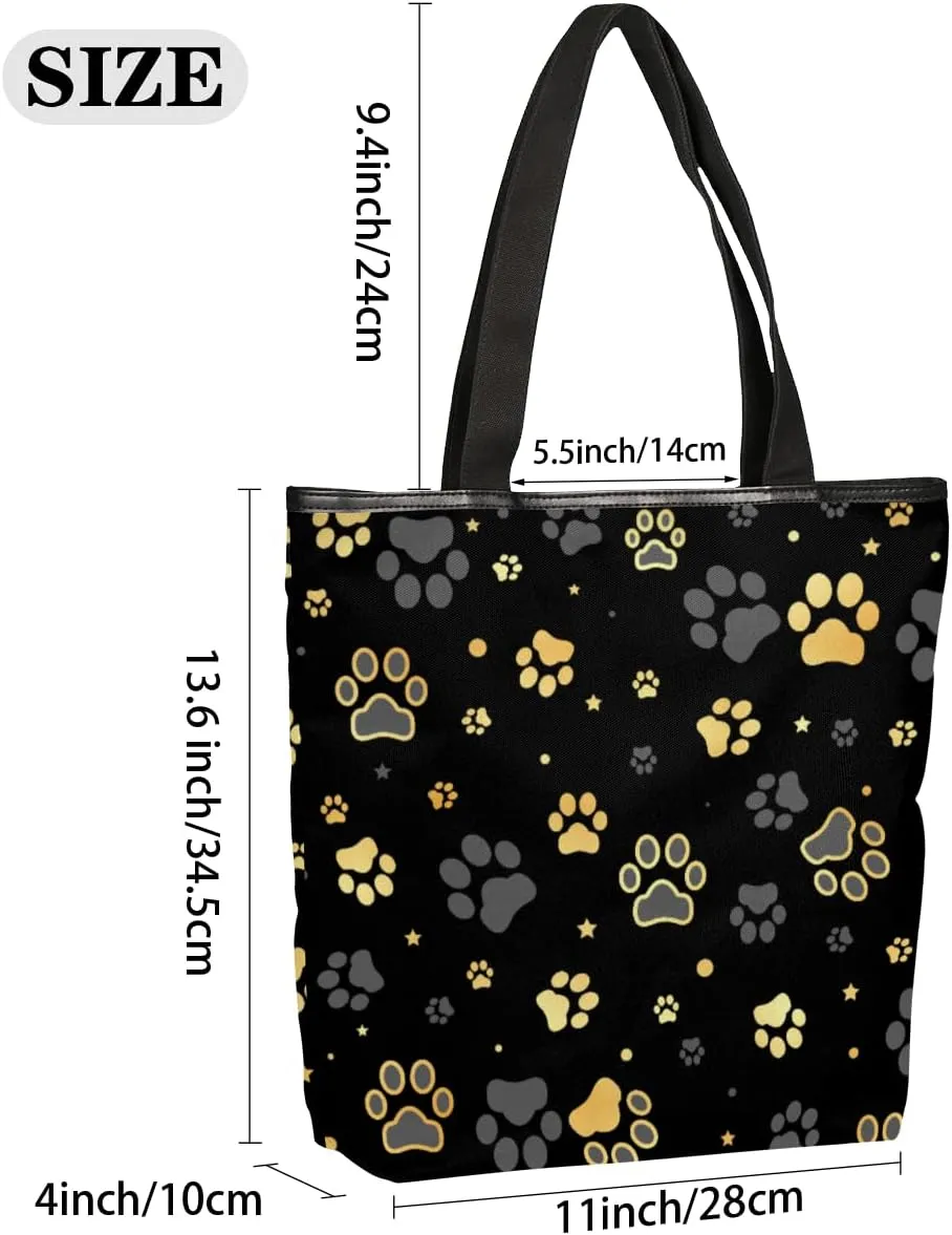 Black Paw Printed Canvas Tote Bag, Eco Friendly Cute Reusable Grocery Shopping Bags Beach Bag Book Tote Handbags Washable Shoulder Bags With Zipper Inner Pocket for Women Girls