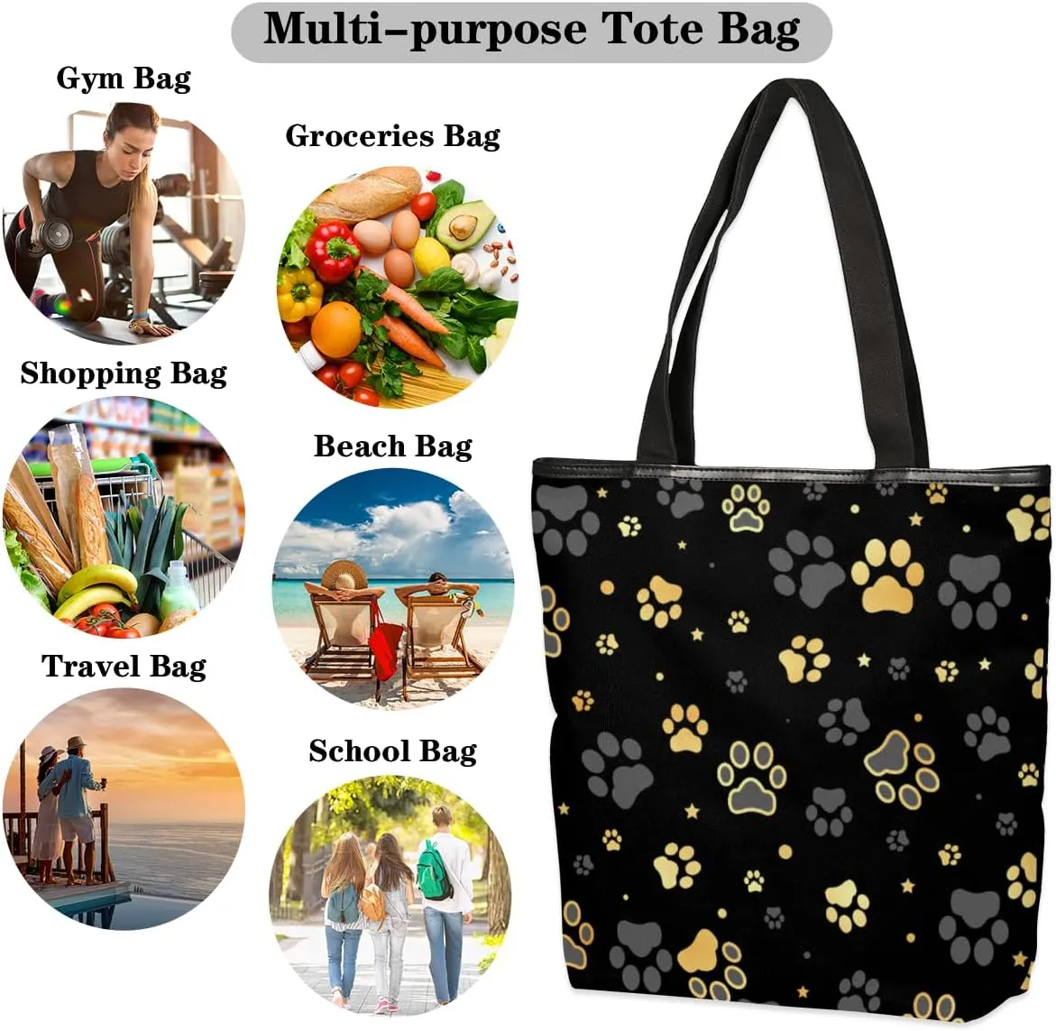 Black Paw Printed Canvas Tote Bag, Eco Friendly Cute Reusable Grocery Shopping Bags Beach Bag Book Tote Handbags Washable Shoulder Bags With Zipper Inner Pocket for Women Girls