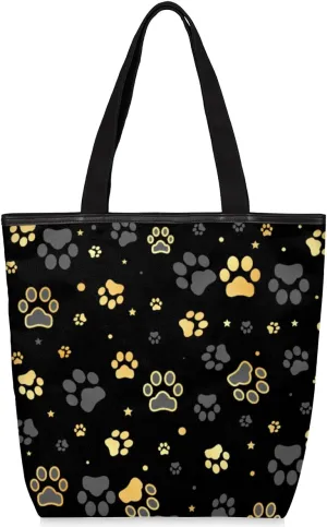 Black Paw Printed Canvas Tote Bag, Eco Friendly Cute Reusable Grocery Shopping Bags Beach Bag Book Tote Handbags Washable Shoulder Bags With Zipper Inner Pocket for Women Girls
