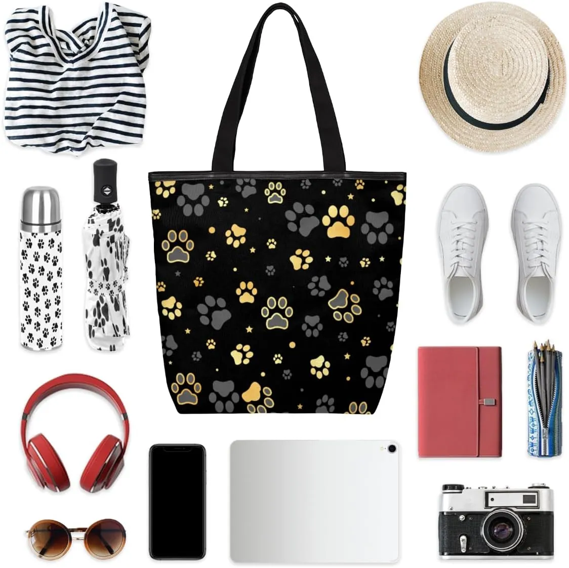 Black Paw Printed Canvas Tote Bag, Eco Friendly Cute Reusable Grocery Shopping Bags Beach Bag Book Tote Handbags Washable Shoulder Bags With Zipper Inner Pocket for Women Girls