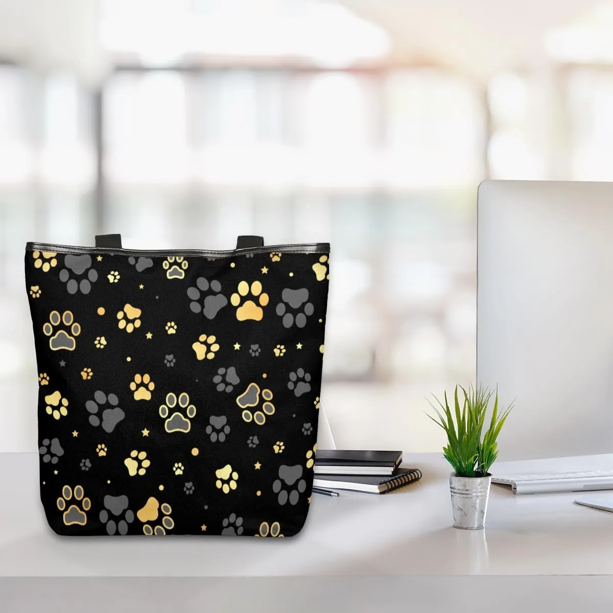 Black Paw Printed Canvas Tote Bag, Eco Friendly Cute Reusable Grocery Shopping Bags Beach Bag Book Tote Handbags Washable Shoulder Bags With Zipper Inner Pocket for Women Girls