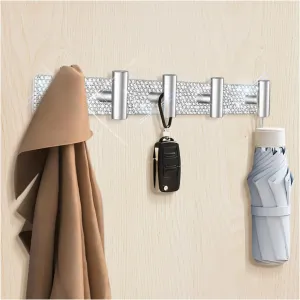Bling Hat and Coat Wall Mount Rack 5 Hooks with Silver Rhinstones, Glitter Hooks Hanger Organizer for Robes, Bags, Keys, and Towels Bathroom Towel (1 Pack)