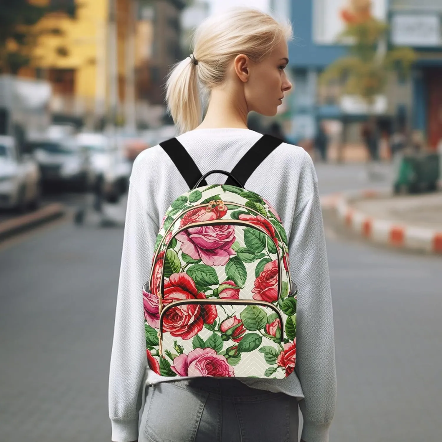 Blooming Roses Foliage Ivory Backpack Purse for Women Travel Backpack with Anti-theft Back for Ladies Hiking S