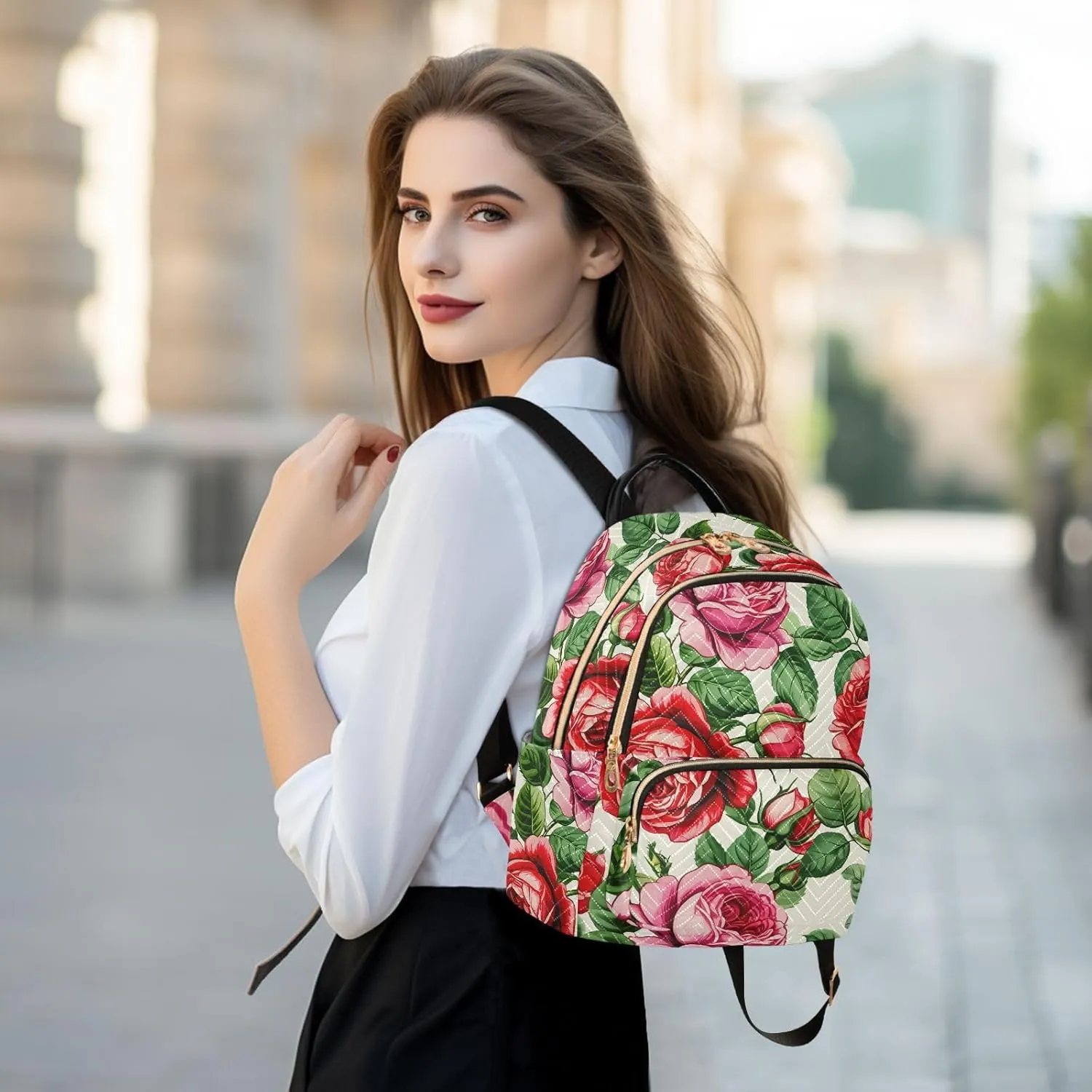 Blooming Roses Foliage Ivory Backpack Purse for Women Travel Backpack with Anti-theft Back for Ladies Hiking S