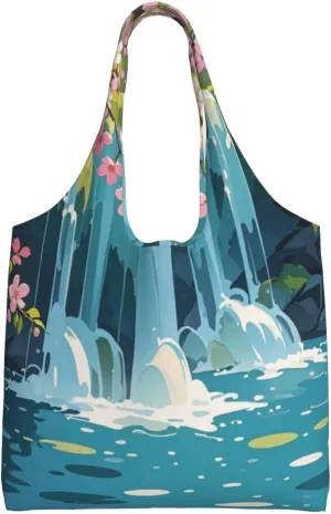 Blossom Cascade Print Canvas Tote Bag for Women, Large Capacity Casual Shoulder Handbags for Work Travel Shopping