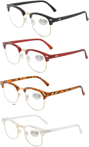 Blue light reading glasses for men Half frame Retro Semi Rimless Clear Lens Glasses Blue Blocking Eyewear For Men Women (4 Pack Reading 1.0 X)
