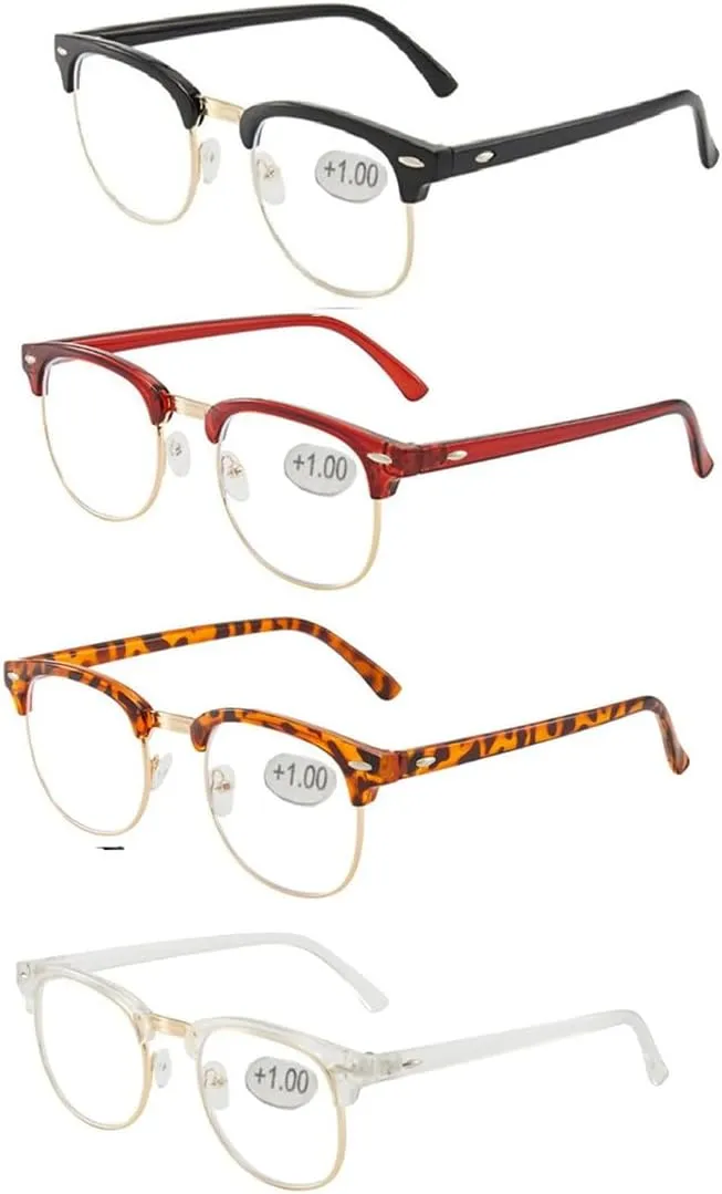 Blue light reading glasses for men Half frame Retro Semi Rimless Clear Lens Glasses Blue Blocking Eyewear For Men Women (4 Pack Reading 1.0 X)