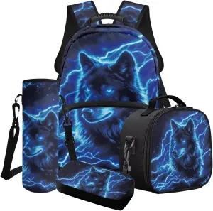 Blue Lightning Wolf Print Backpack Set of 4, Primary School Bookbag for Elementary Student Book Bag Schoolbag Casual Daypack Travel Rucksack 17 Inch Knapsack