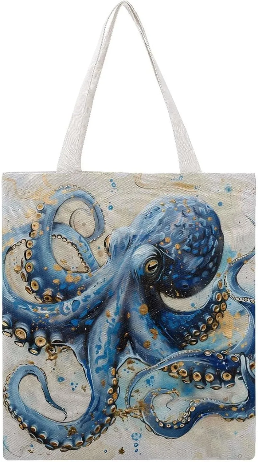 Blue Octopus Canvas Tote Bags Portable Shopping Grocery Bag Shoulder Handbag with Handles
