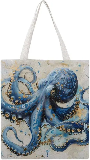 Blue Octopus Canvas Tote Bags Portable Shopping Grocery Bag Shoulder Handbag with Handles