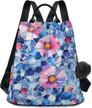 Blue Pink Flower Mosaic Pattern Backpack for Women Anti Theft Large Fashion Travel Shoulder Bag Purse Rucksack Lightweight