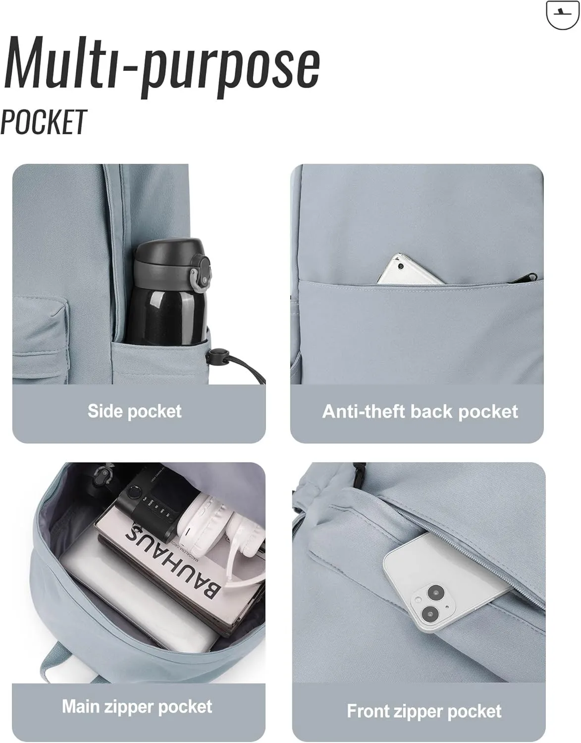 Blue Simple School Backpack for Girls Boys, Waterproof Bookbag for Women Men, College Student School Bag, Lightweight Travel Rucksack Casual Daypack, Laptop Backpacks