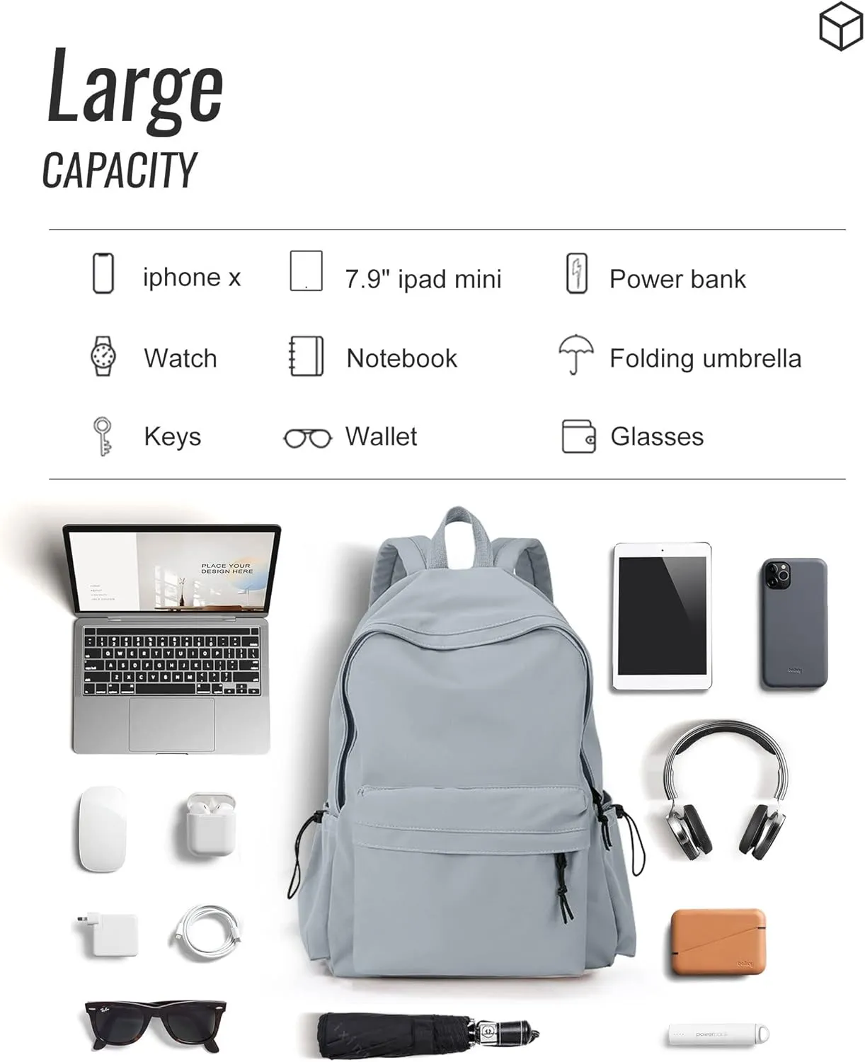 Blue Simple School Backpack for Girls Boys, Waterproof Bookbag for Women Men, College Student School Bag, Lightweight Travel Rucksack Casual Daypack, Laptop Backpacks