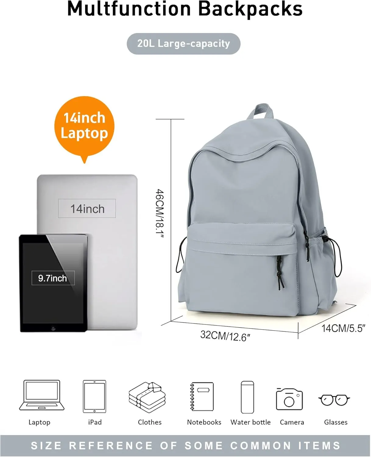 Blue Simple School Backpack for Girls Boys, Waterproof Bookbag for Women Men, College Student School Bag, Lightweight Travel Rucksack Casual Daypack, Laptop Backpacks