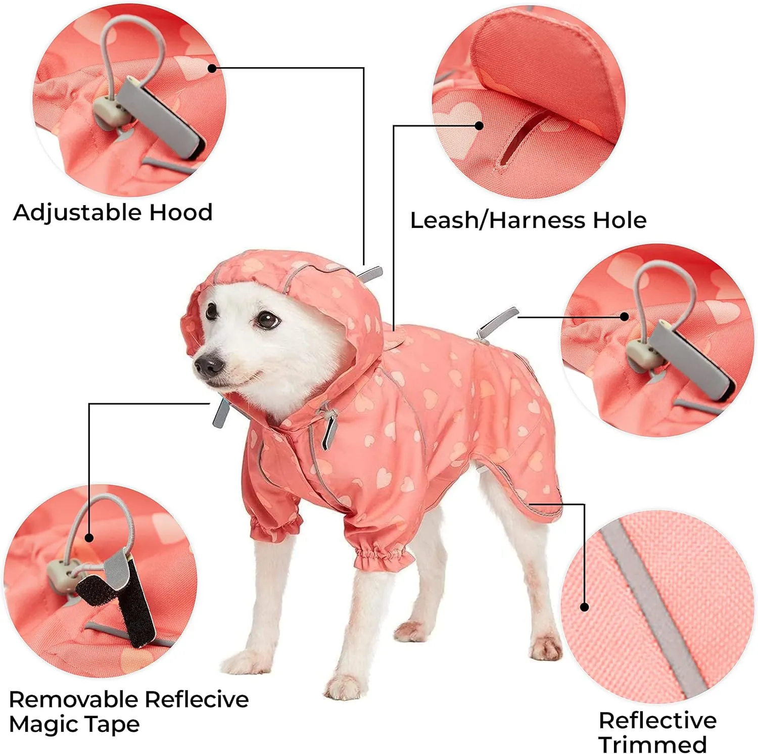 Blueberry Pet 18" Heart Prints Lightweight Reflective Waterproof Dog Raincoat with Hood & Harness Hole, Pink, Outdoor Rain Gear Jacket 2 Legs for Large Dogs