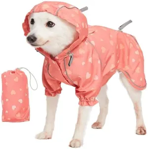 Blueberry Pet 18" Heart Prints Lightweight Reflective Waterproof Dog Raincoat with Hood & Harness Hole, Pink, Outdoor Rain Gear Jacket 2 Legs for Large Dogs
