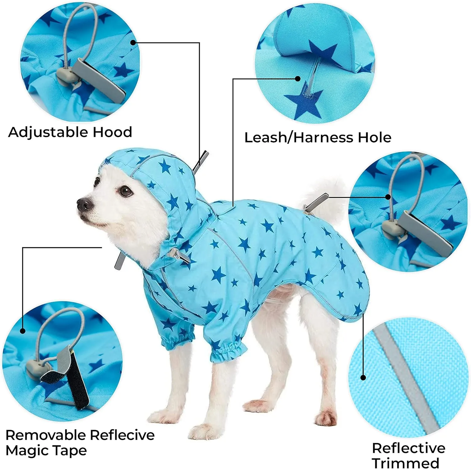 Blueberry Pet 18" Star Prints Lightweight Reflective Waterproof Dog Raincoat with Hood & Harness Hole, Blue, Outdoor Rain Gear Jacket 4 Legs for Large Dogs