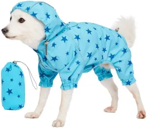 Blueberry Pet 18" Star Prints Lightweight Reflective Waterproof Dog Raincoat with Hood & Harness Hole, Blue, Outdoor Rain Gear Jacket 4 Legs for Large Dogs