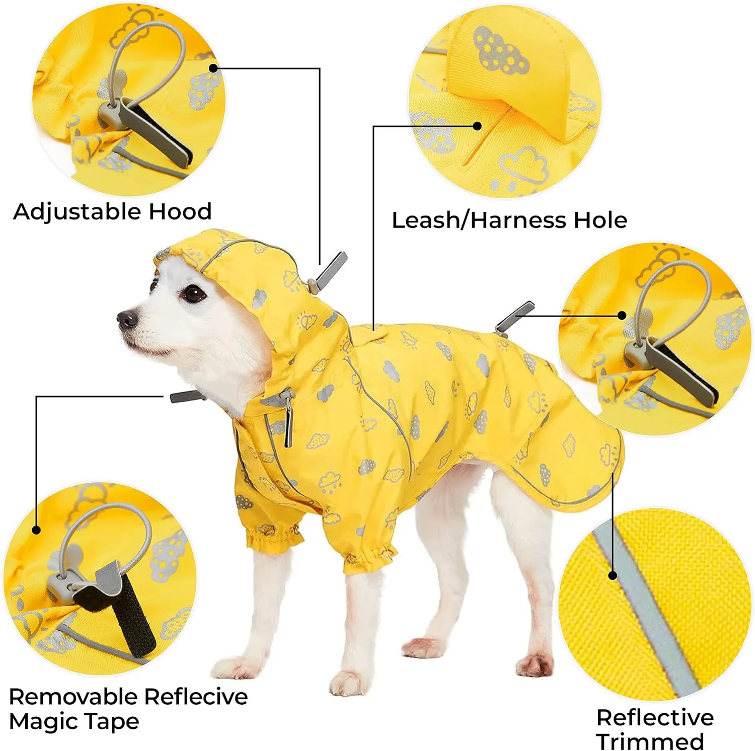 Blueberry Pet 20" Reflective Cloud Prints Lightweight Waterproof Dog Raincoat with Hood & Harness Hole, Sunflower Yellow, Outdoor Rain Gear Jacket 2 Legs for Large Dogs