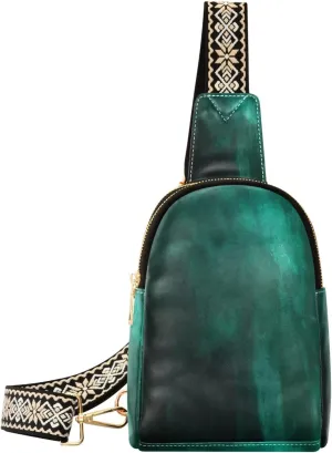 Boccsty Deep Dark Green Leather Hiking Waist Packs Metallic Foil Belt Bag for Women Men Sling Bag Fanny Pack Chest Bag with Adjustable Strap for Casual Travel Shopping