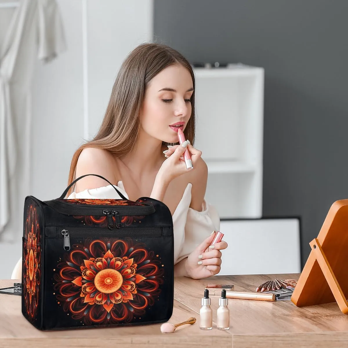 Bohemian Mandala Travel Makeup Bag for Women Men Flower Ethnic Portable Waterproof Cosmetic Bag Large Capacity Toiletry Bag Make up Case Organizer Bathroom Shower Bag with Handle Travel Accessories