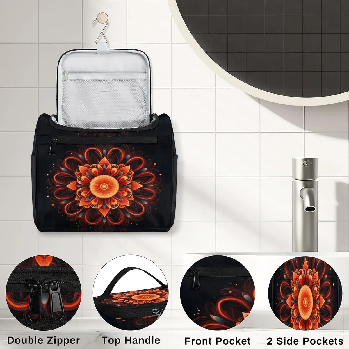 Bohemian Mandala Travel Makeup Bag for Women Men Flower Ethnic Portable Waterproof Cosmetic Bag Large Capacity Toiletry Bag Make up Case Organizer Bathroom Shower Bag with Handle Travel Accessories