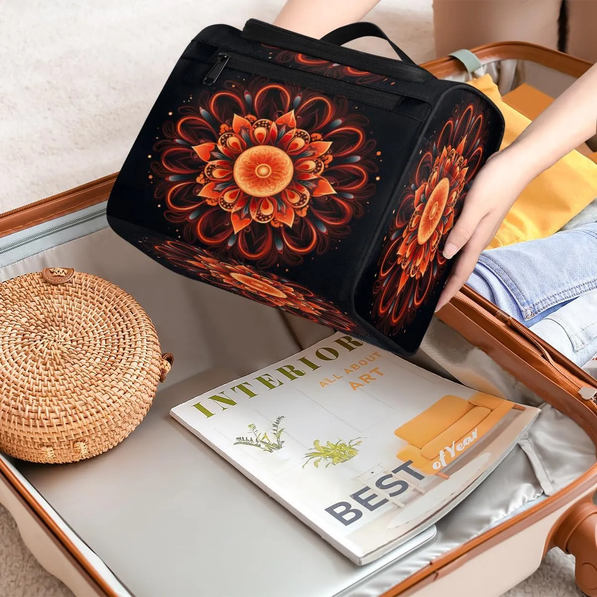 Bohemian Mandala Travel Makeup Bag for Women Men Flower Ethnic Portable Waterproof Cosmetic Bag Large Capacity Toiletry Bag Make up Case Organizer Bathroom Shower Bag with Handle Travel Accessories