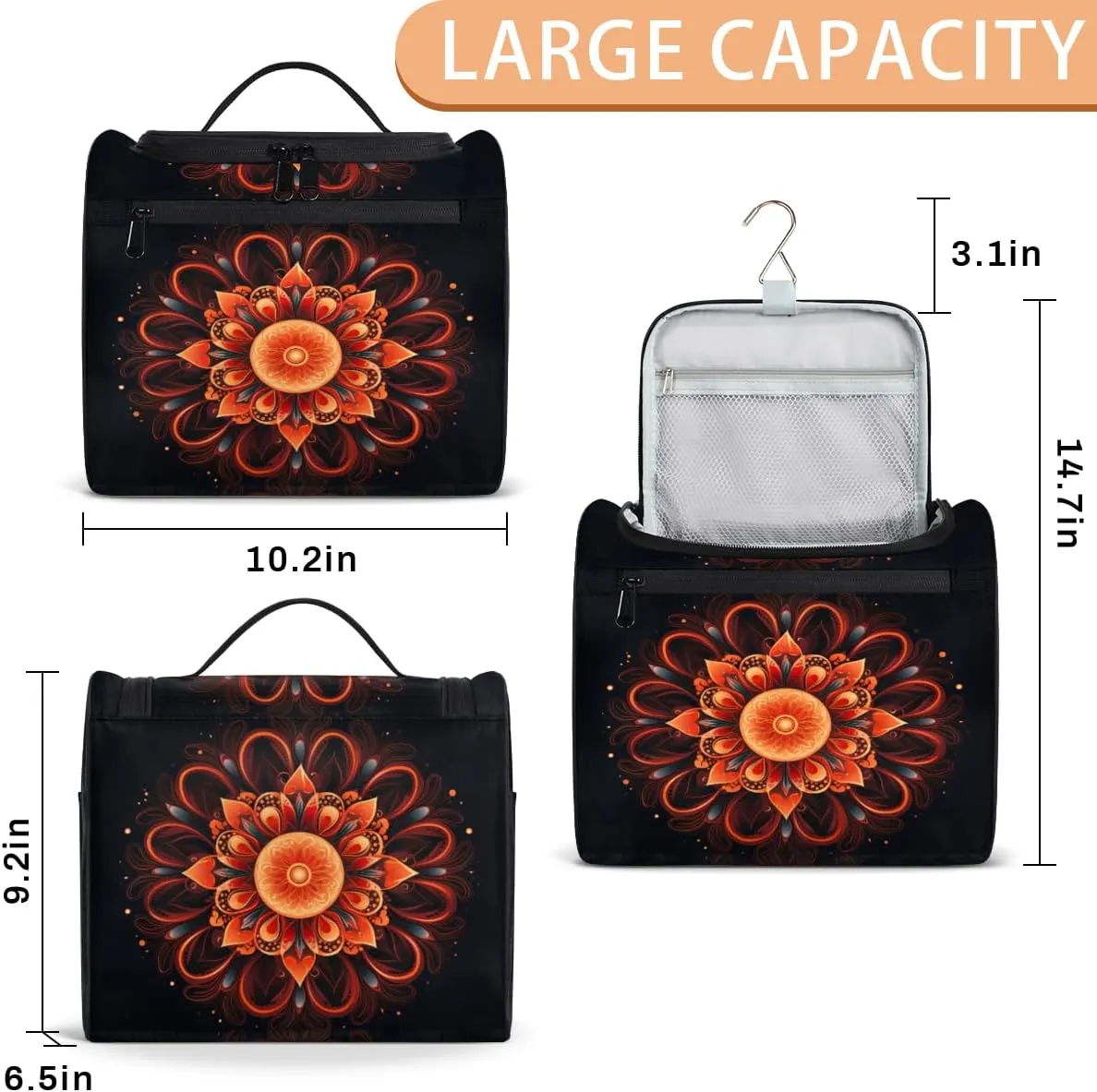 Bohemian Mandala Travel Makeup Bag for Women Men Flower Ethnic Portable Waterproof Cosmetic Bag Large Capacity Toiletry Bag Make up Case Organizer Bathroom Shower Bag with Handle Travel Accessories