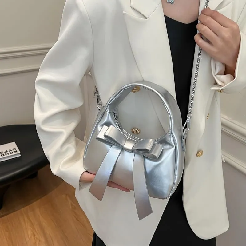 Bow Purse,Cute Clutch Y2K Crossbody Bag,Soft Leather Shoulder Bag Top-handle Small Designer Handbag with Chain Strap