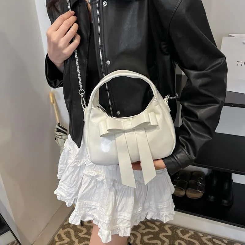 Bow Purse,Cute Clutch Y2K Crossbody Bag,Soft Leather Shoulder Bag Top-handle Small Designer Handbag with Chain Strap