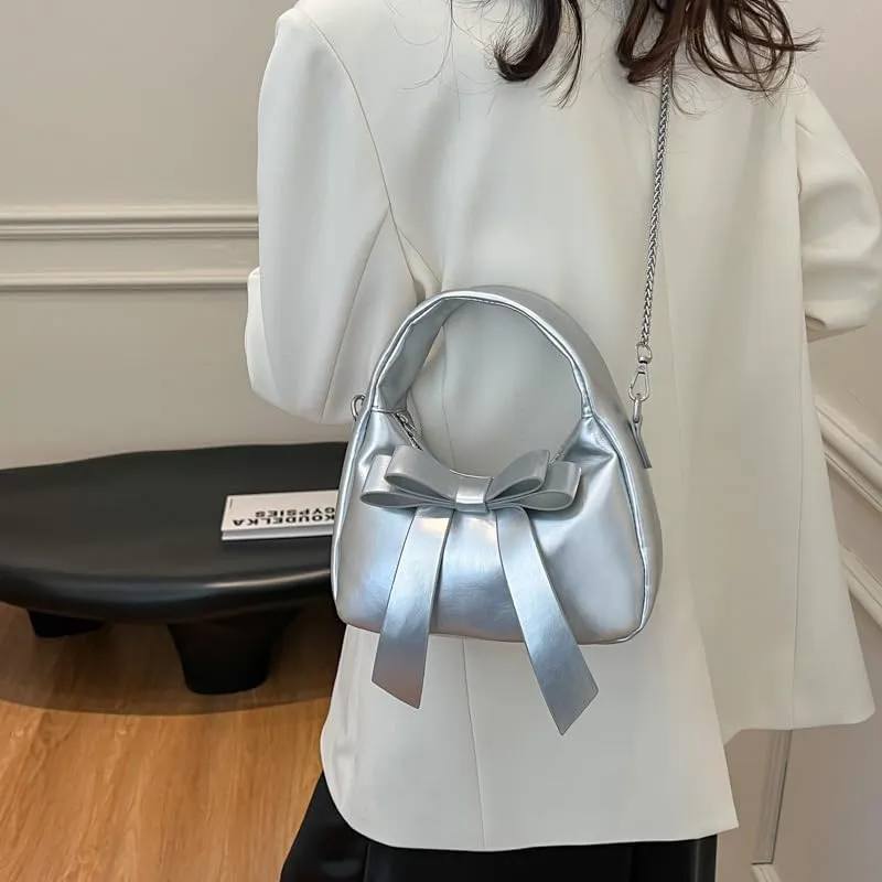 Bow Purse,Cute Clutch Y2K Crossbody Bag,Soft Leather Shoulder Bag Top-handle Small Designer Handbag with Chain Strap