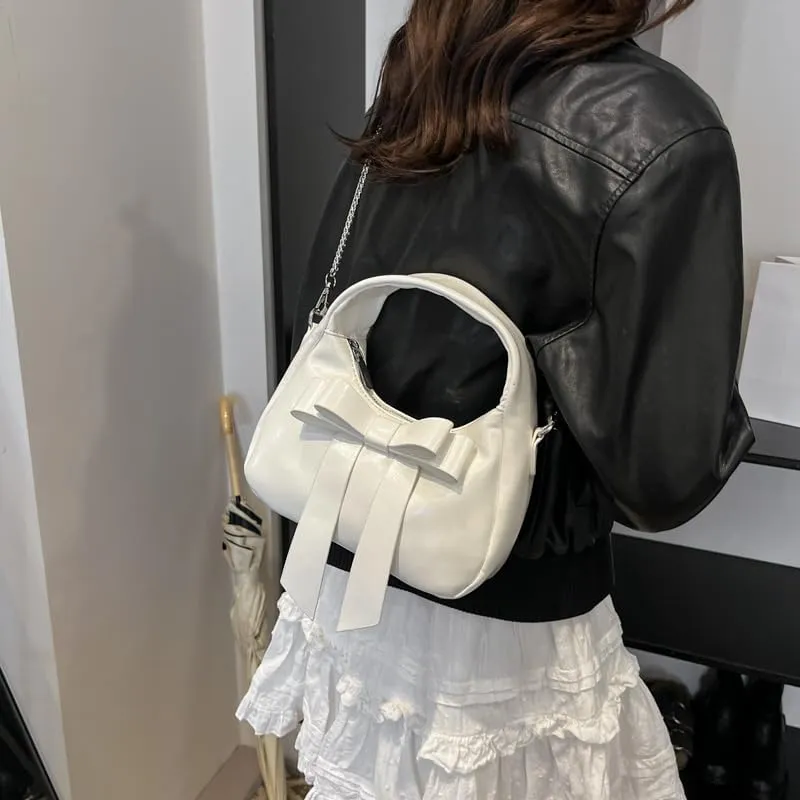Bow Purse,Cute Clutch Y2K Crossbody Bag,Soft Leather Shoulder Bag Top-handle Small Designer Handbag with Chain Strap