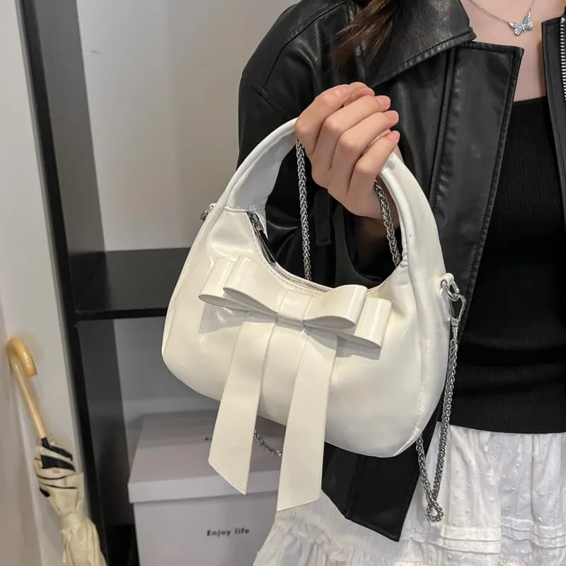 Bow Purse,Cute Clutch Y2K Crossbody Bag,Soft Leather Shoulder Bag Top-handle Small Designer Handbag with Chain Strap