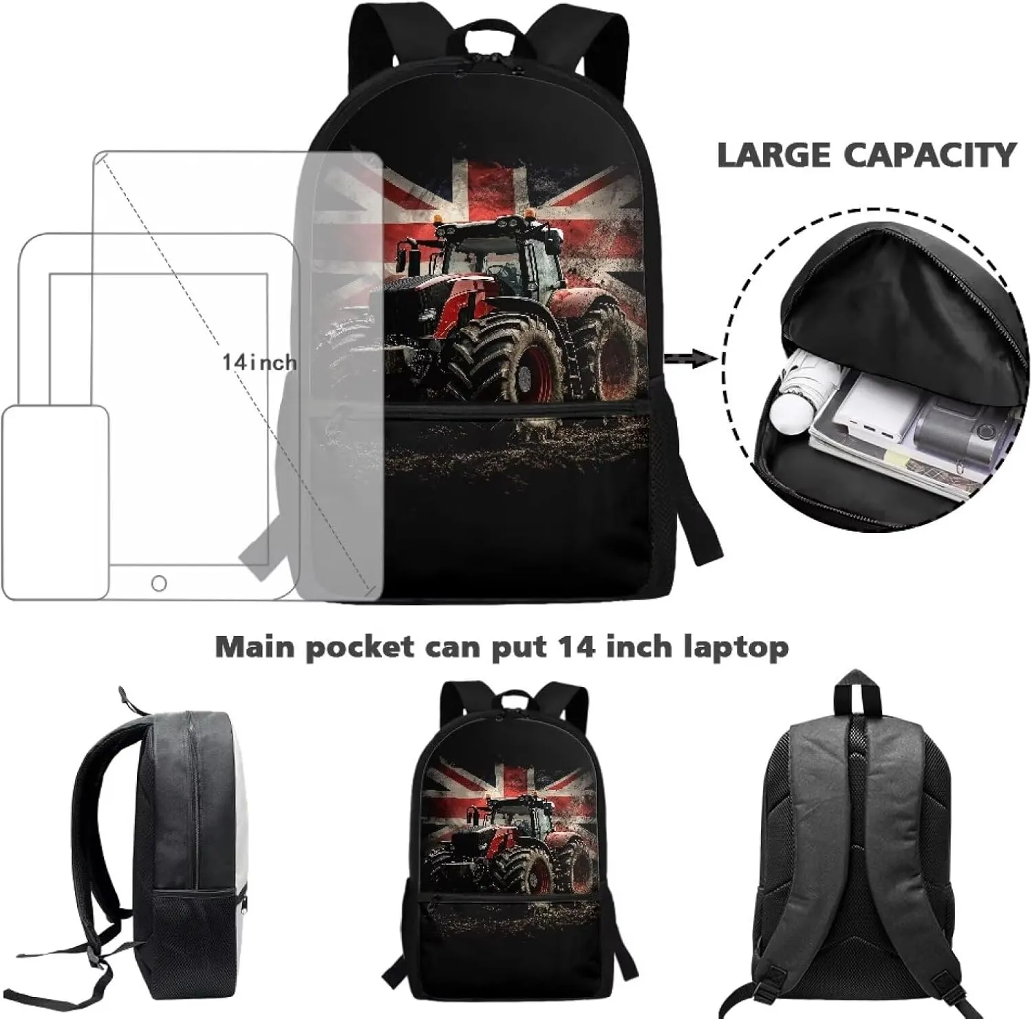 British Flag Tractor Backpack for Kids School Bookbags Boys Girls Novelty Travel Rucksack Work Bags Large Casual Daypack