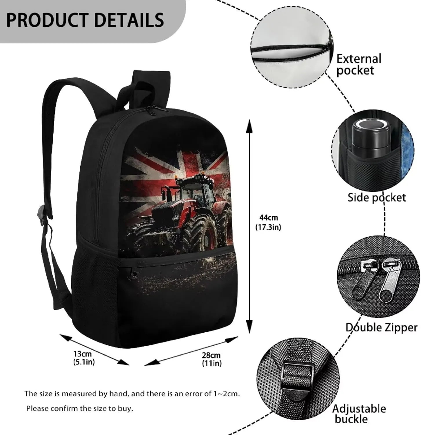 British Flag Tractor Backpack for Kids School Bookbags Boys Girls Novelty Travel Rucksack Work Bags Large Casual Daypack
