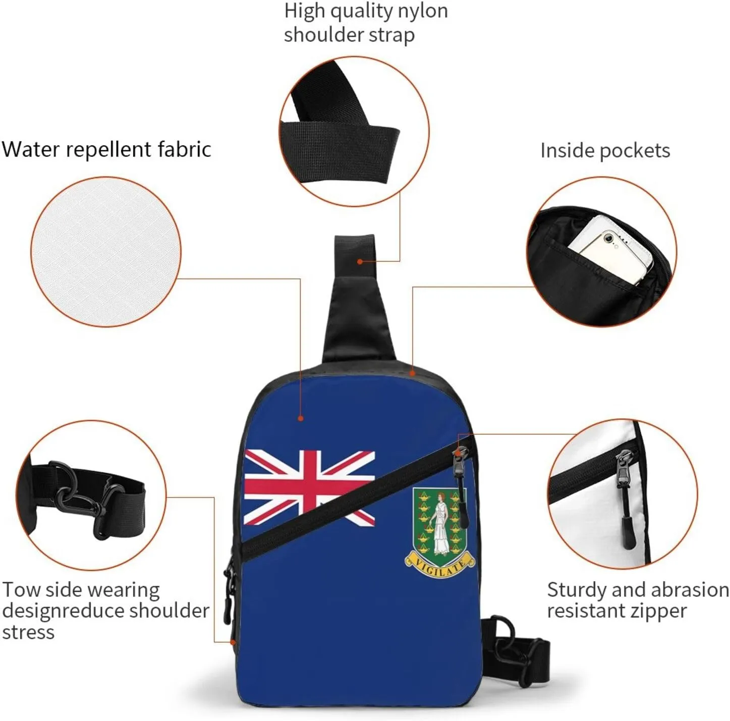 British Virgin Islands Flag Crossbody Bag Portable Sling Bags Foldable Chest Daypack Reusable Sports Shoulder Backpack Diagonally Casual Rucksack Travel Bag