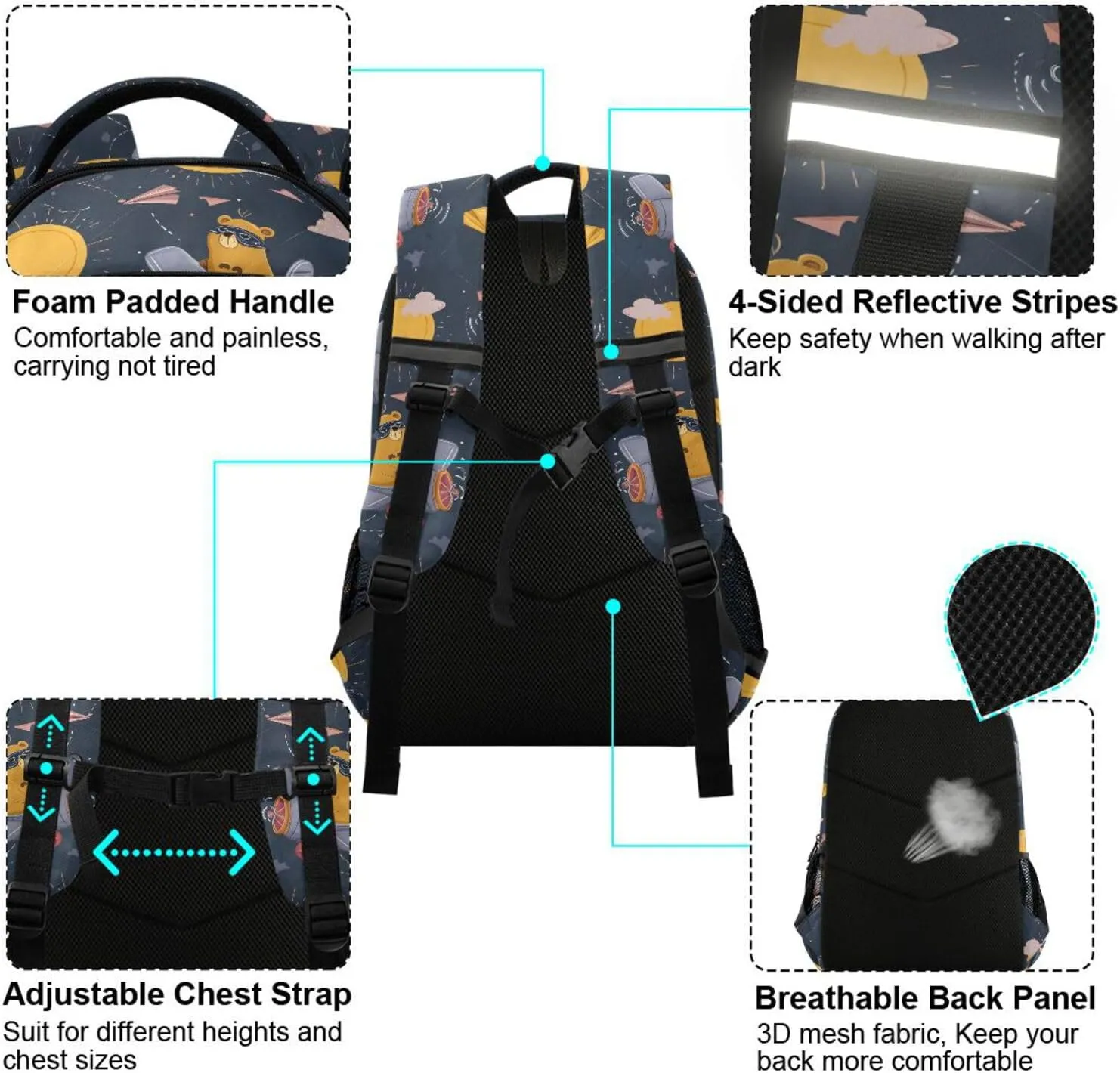 Brown Bear Flying Plane Sun Backpack for Girls Boys School Book Bag Kids Campus Daypack Lightweight Travel Back Pack